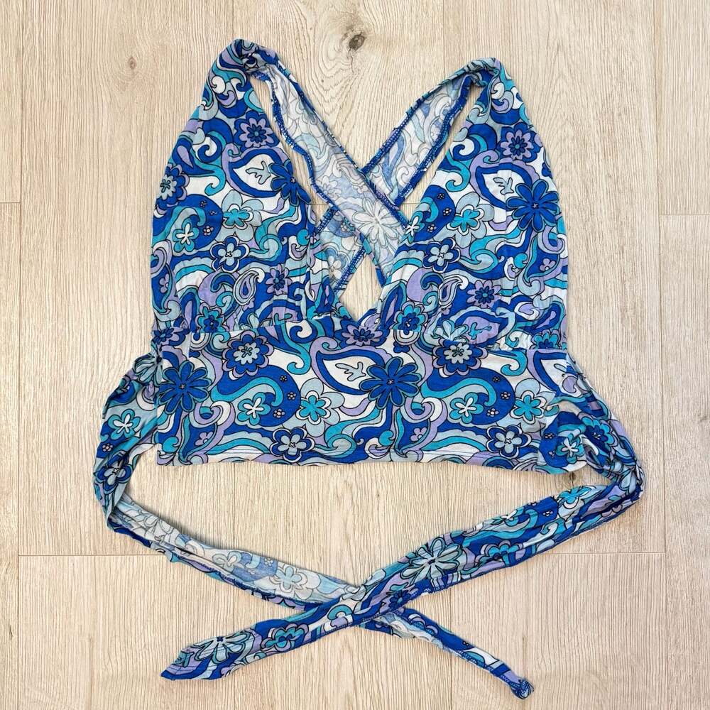 PacSun Blue Floral Paisley Print Criss Cross Tie-Back Crop Top